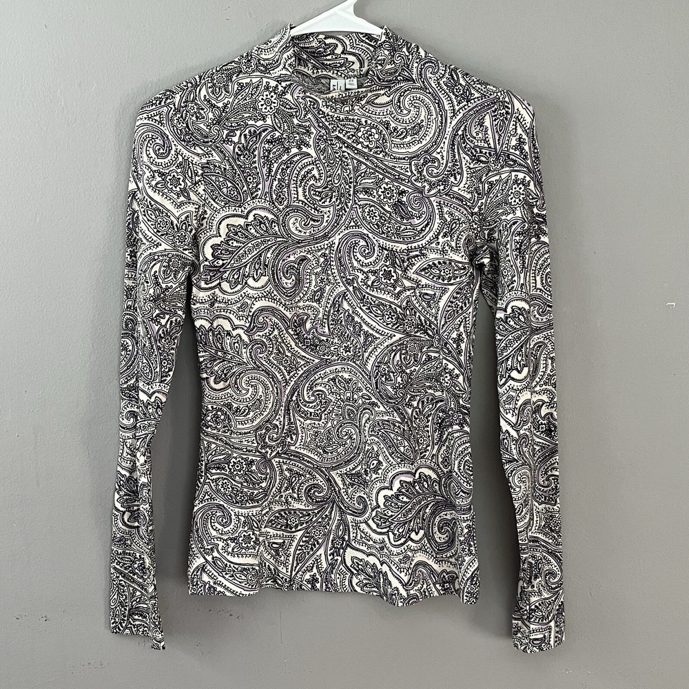 & Other Stories Paris Atelier Paisley Top XS Black White Boho Retro‎ Mod Chic